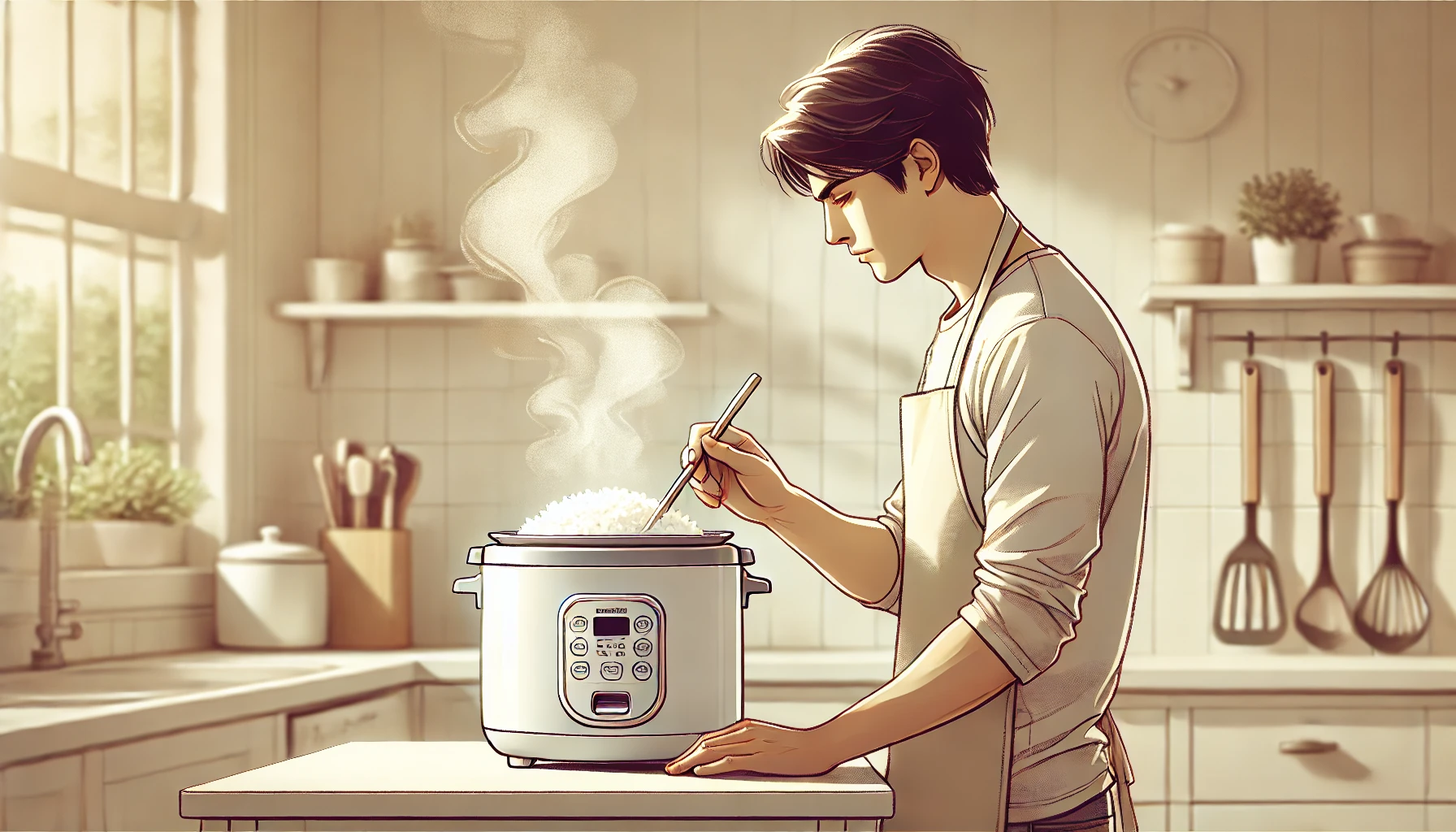 cooking white fluffy rice in a rice cooker